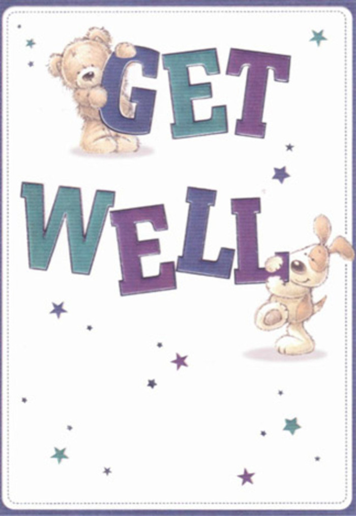 Here, encouragement comes alive through a delightful illustration of a smiling bear and a loyal puppy, their shared get well wish radiating gentle optimism that would feel at home in Clerkenwell's artistic cafes and leafy squares. Flickering around them are playful stars in soft tones of violet and cyan, as if casting celebratory wishes across the card's crisp white field. The typography is exuberant-large, rounded, shaded with indigo, purple, and aquamarine-anchoring the scene in jubilant reassurance. Textures abound: the bear's fur rendered plush and inviting, the puppy's ears velvety to the eye, inviting the notion of touch even without petals or stems. One can almost picture sending this card from a flower shop on St John Street, paired with a fragrant arrangement to bolster a friend's recovery. The airy palette, reminiscent of Clerkenwell's open workspaces, effortlessly lifts the spirit, making this card a versatile gesture fit for anyone in need of gentle encouragement within the community.